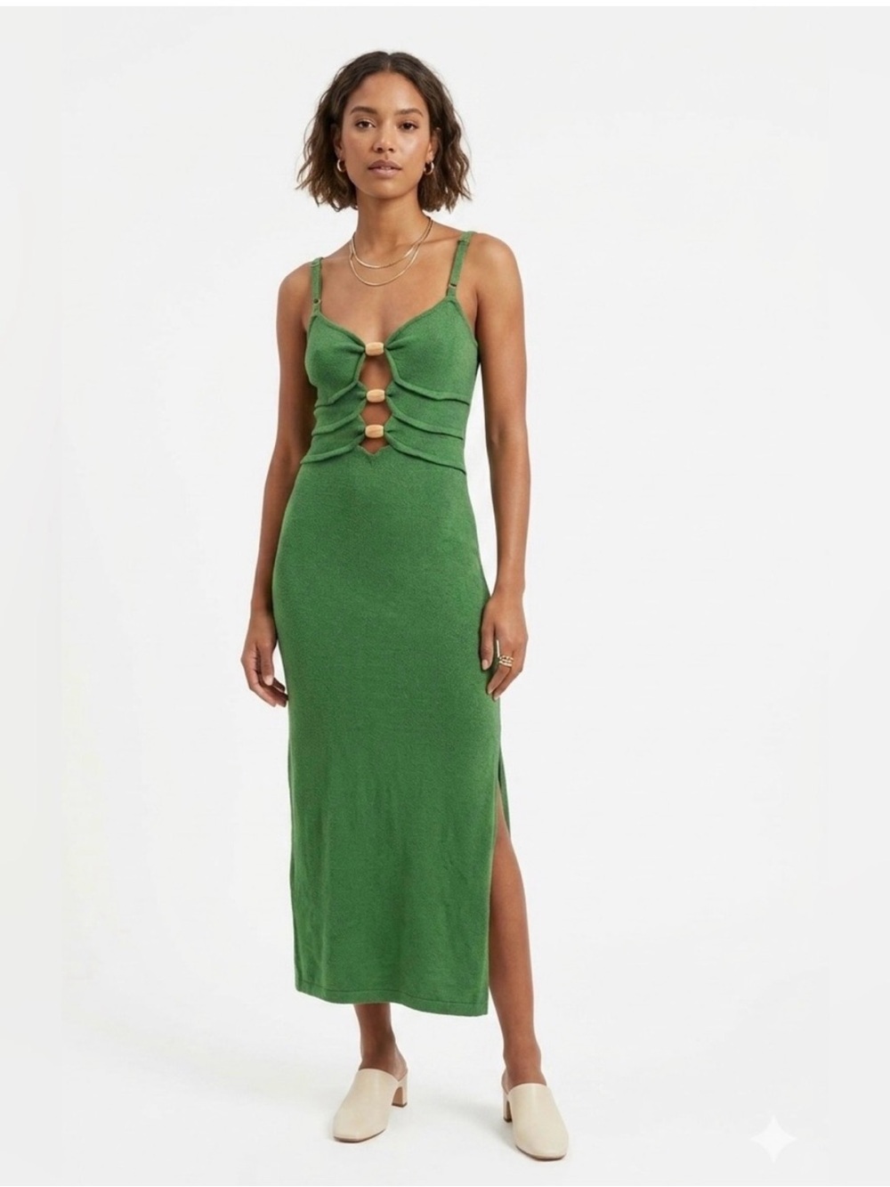 MABLE Green Knit Midi Dress with Cutout  Details Size Large